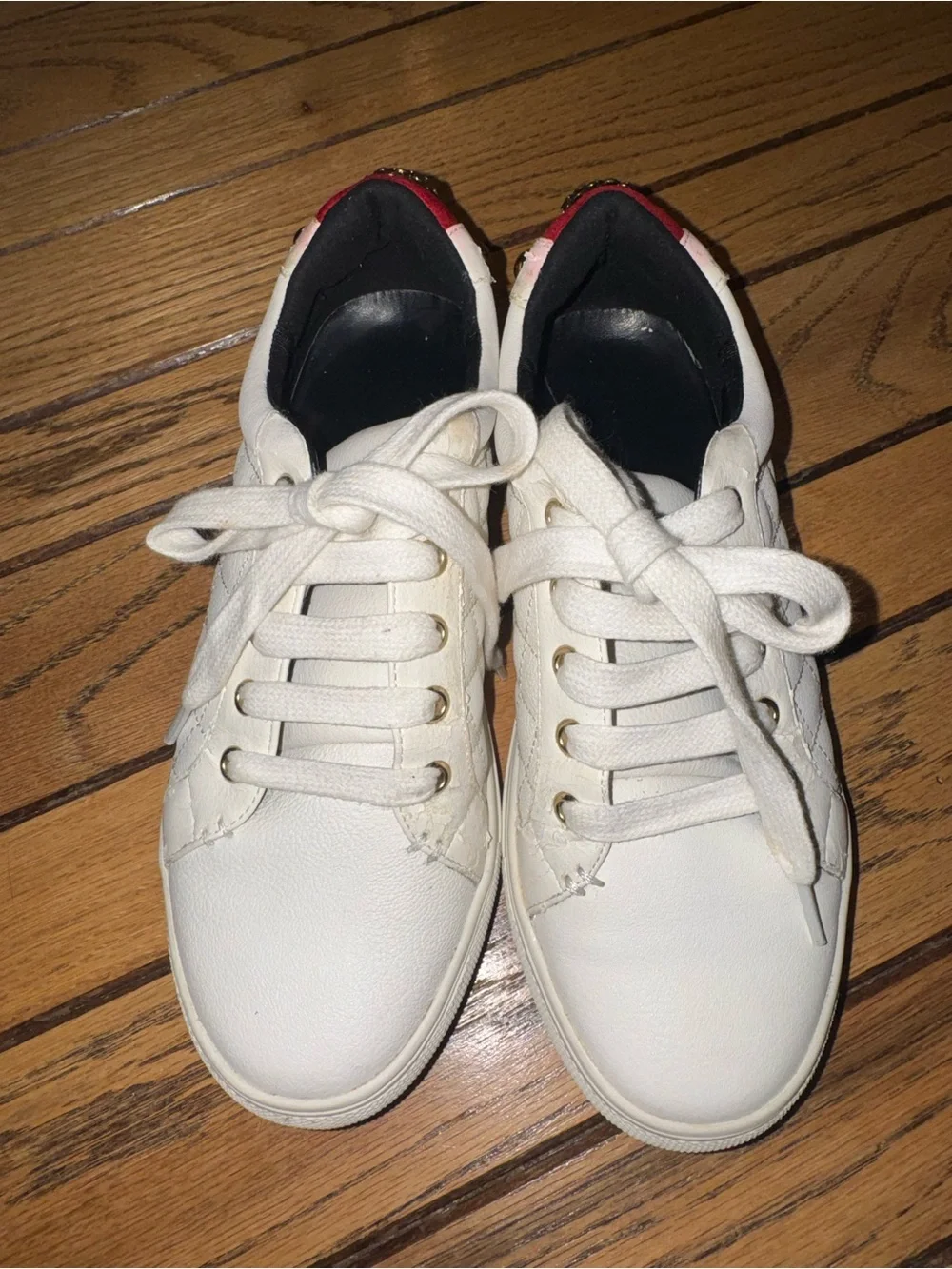 Kurt Geiger Quilted White Lace-Up Sneakers with Red Heel Tab